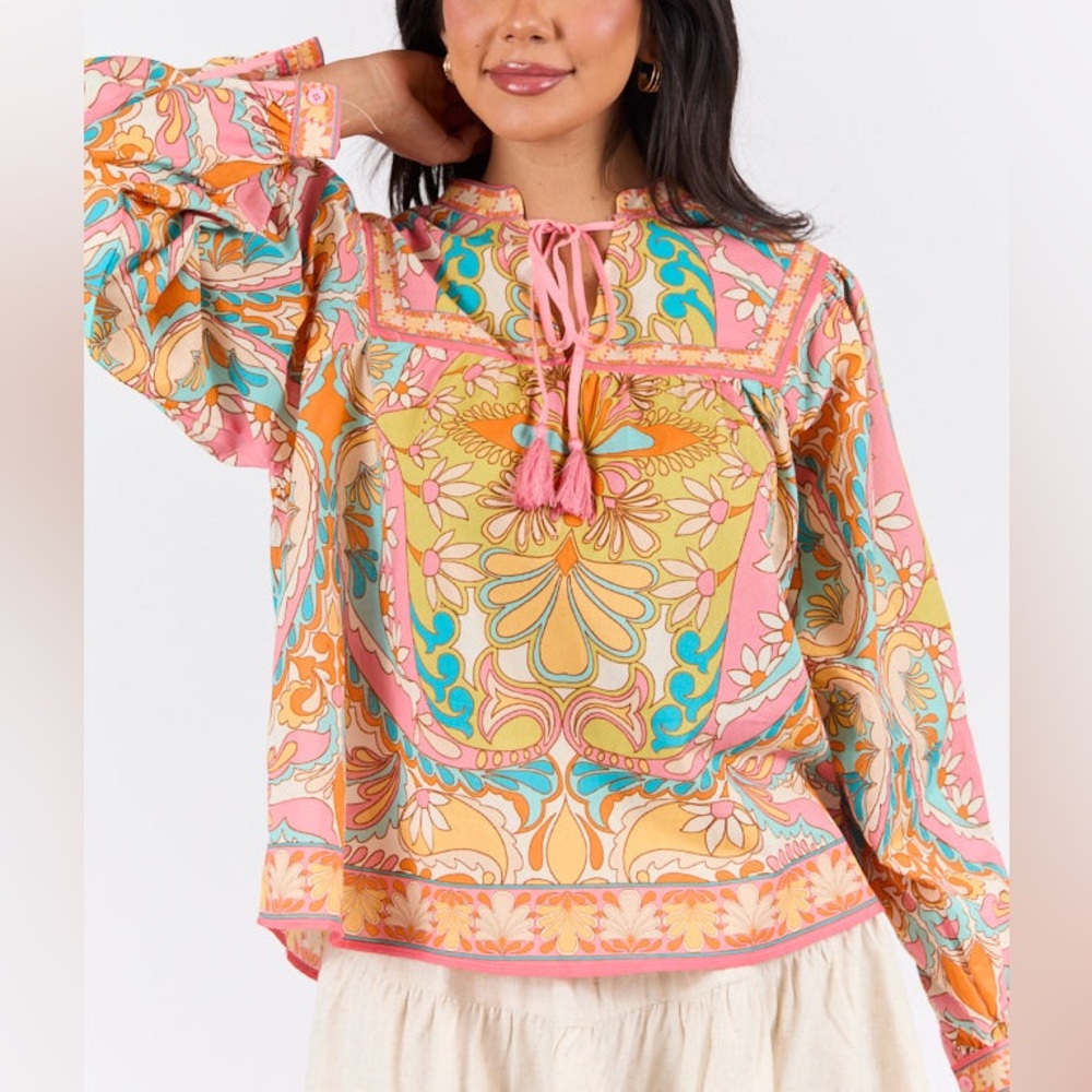 NWOT PINK LILY Mosaic Gardens Floral Printed Long Sleeve Blouse